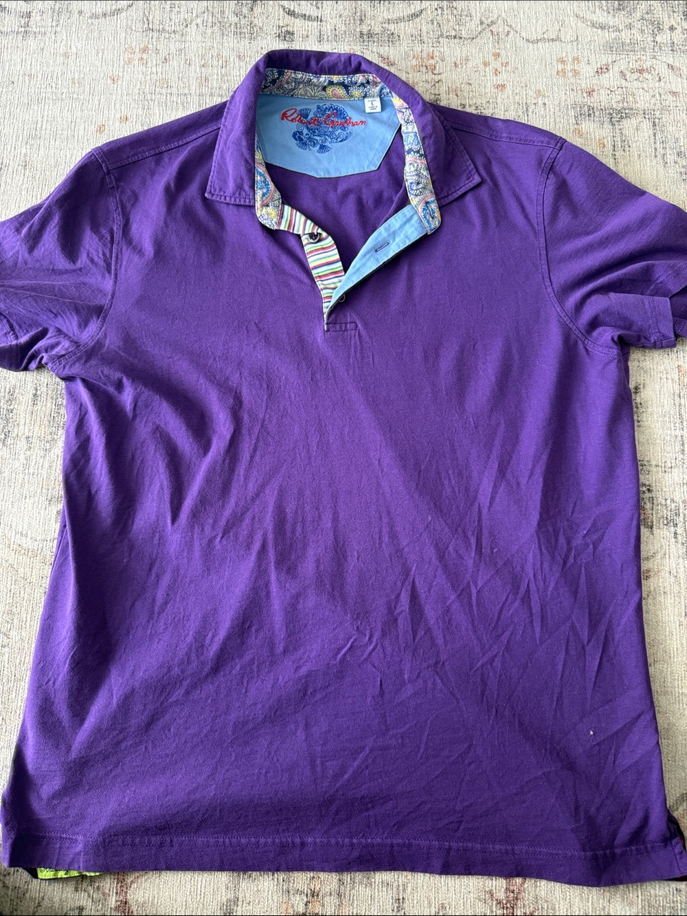 Robert Graham Purple Short Sleeve Polo with Patterned Collar Trim